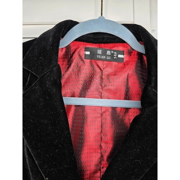 Black Velvet Blazer Jacket With Red Lining & Gold Button Details By Yuan Lu - Picture 3 of 16